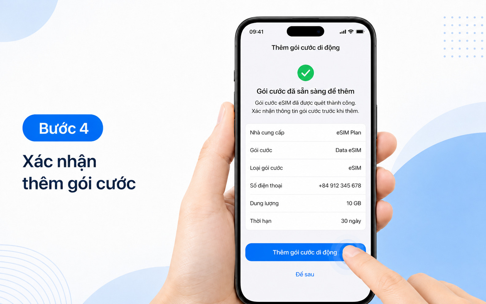 Bước 4: Chọn “Thêm gói cước di động” để xác nhận tải hồ sơ dữ liệu về máy