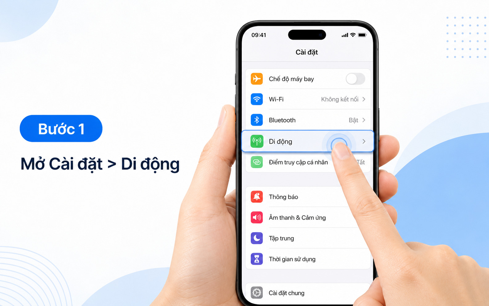 Bước 1: Mở Cài đặt > chọn mục Di động (hoặc Dữ liệu di động)