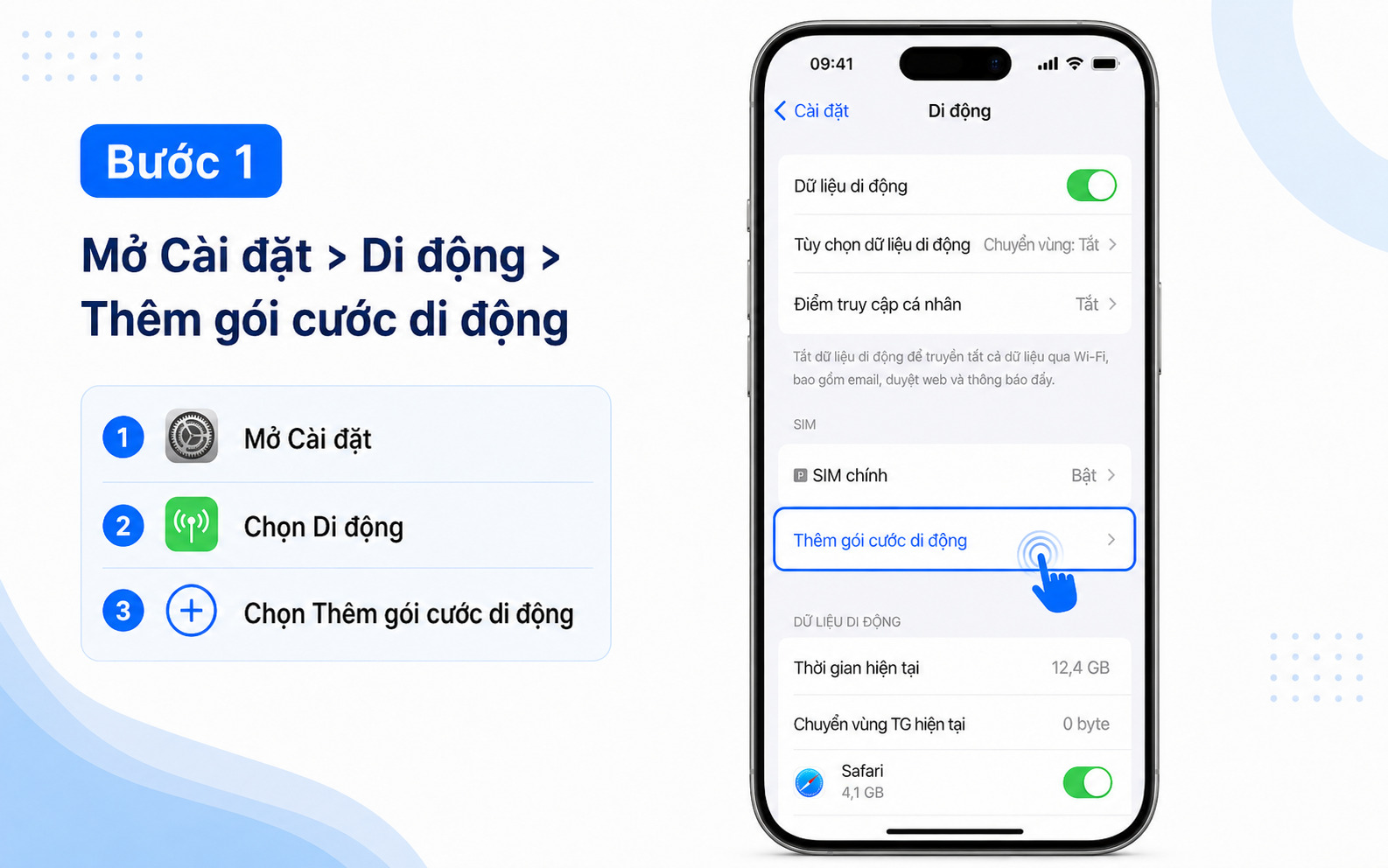 Bước 1: Vào phần Cài đặt > Di động > Thêm gói cước di động
