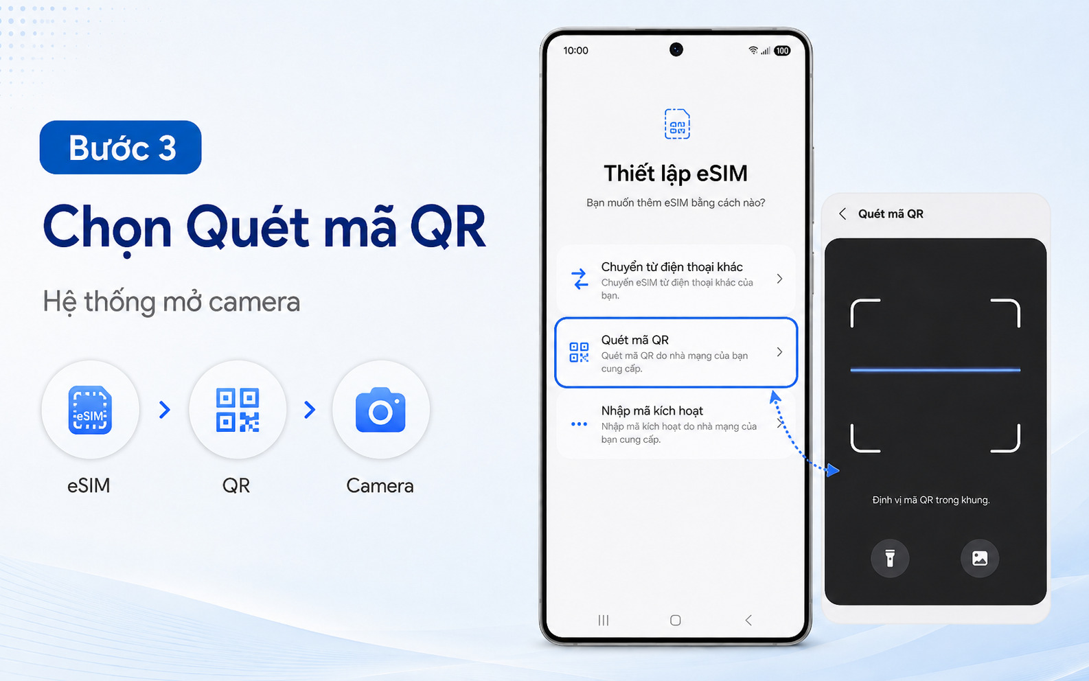 Bước 3: Chọn phương thức “Quét mã QR” để hệ thống tự động kích hoạt camera của máy