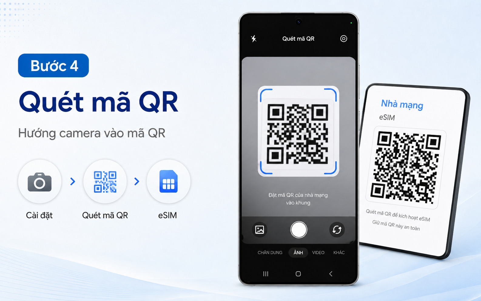 Bước 4: Hướng camera vào vùng chứa mã QR trên phôi giấy hoặc trên màn hình thiết bị khác do nhà mạng cấp cho bạn