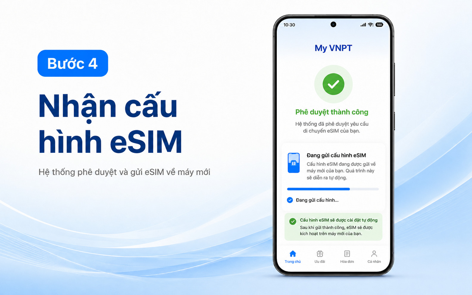Bước 4: Sau khi hệ thống kiểm tra và phê duyệt, cấu hình di động sẽ tự động được gửi trực tiếp về máy mới để cài đặt mà không cần ra cửa hàng giao dịch