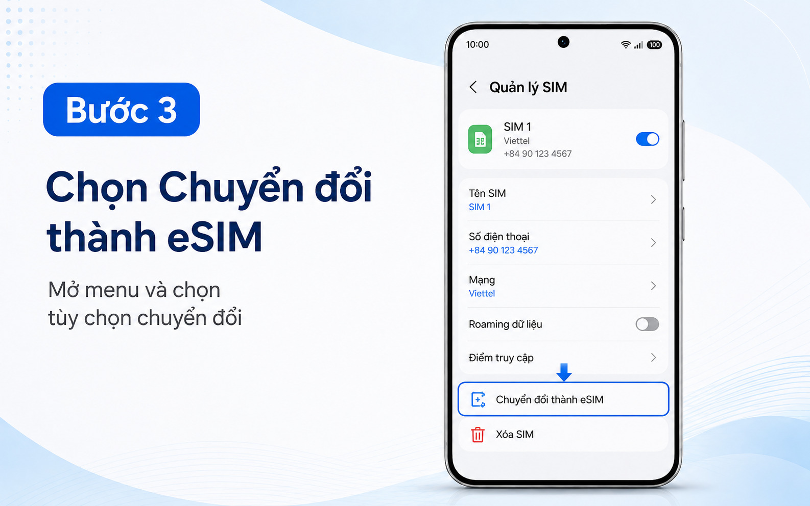 Bước 3: Nhấn tùy chọn Chuyển đổi thành eSIM được tích hợp sẵn trong menu thiết lập