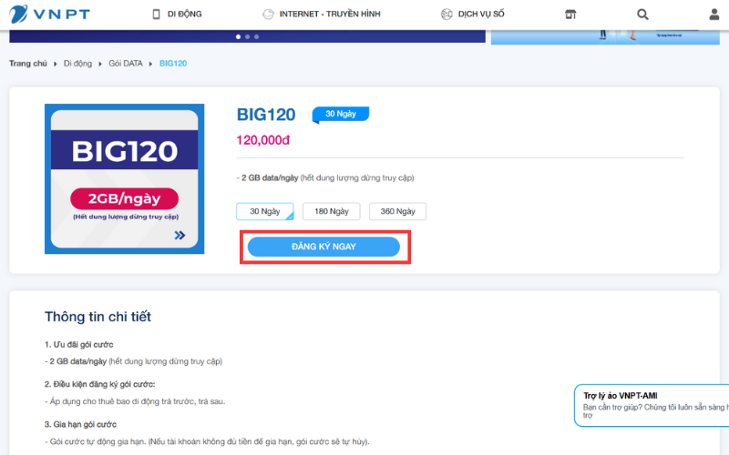 đăng ký gói cước trên website