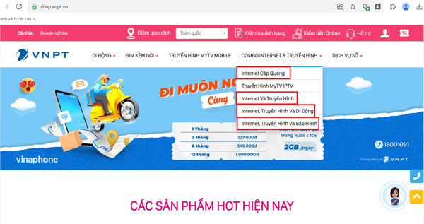 đăng ký gói cước Internet của VNPT trên website VNPT shop