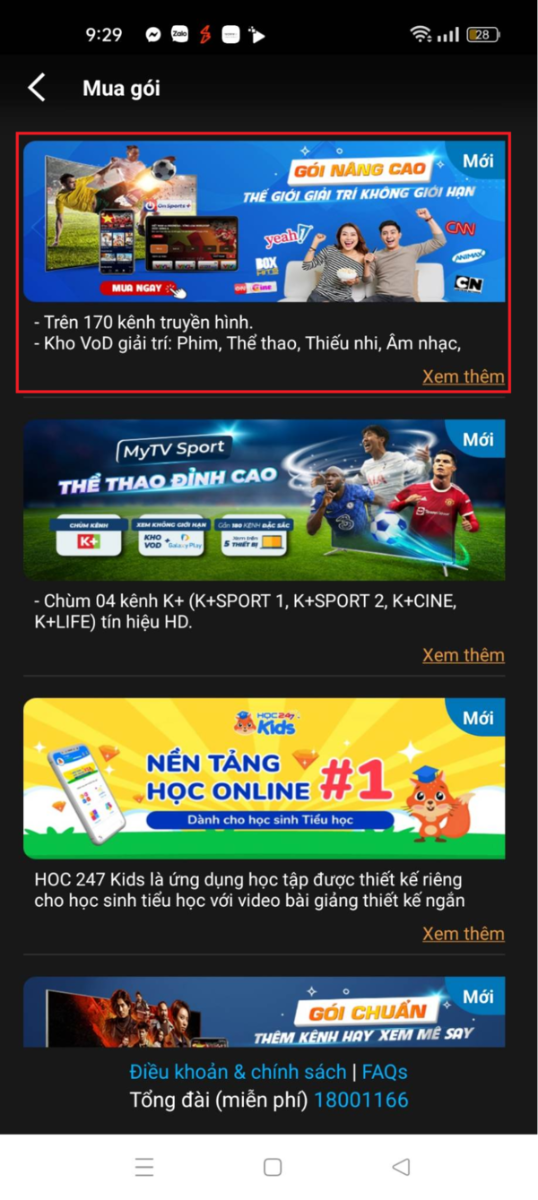 nhấn vào gói MyTV muốn đăng ký