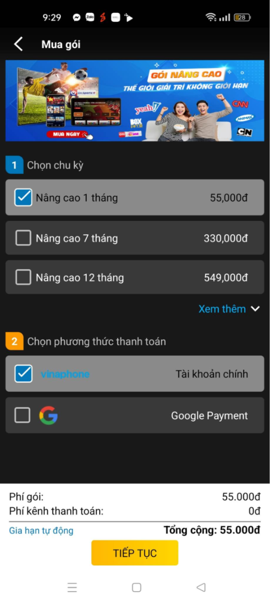 Chọn chu kỳ, phương thức thanh toán để đăng ký gói cước Mytv App