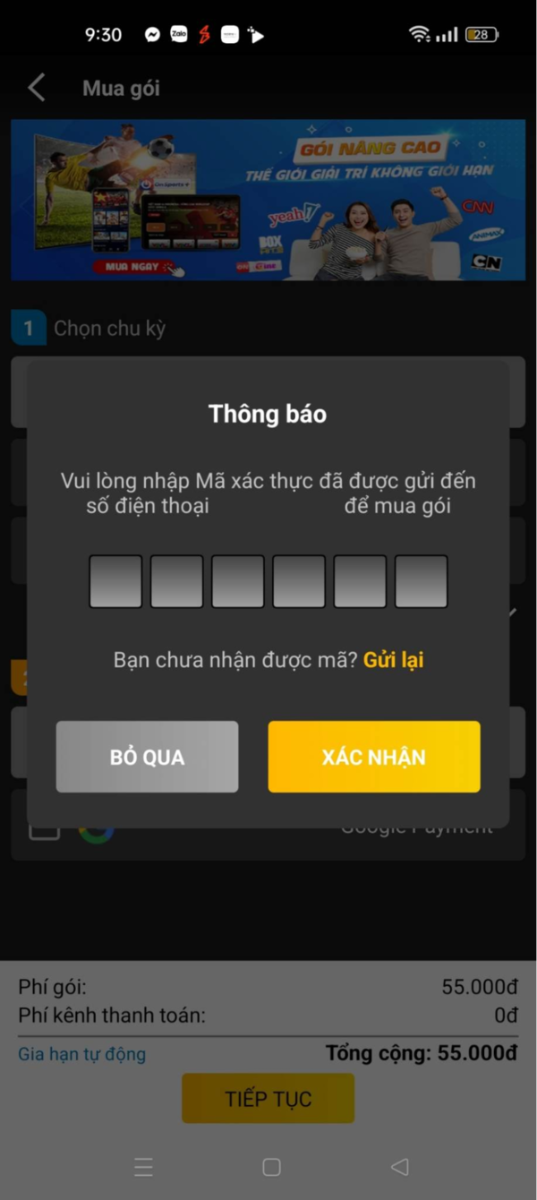 Điền mã xác thực -> ấn “Xác nhận”