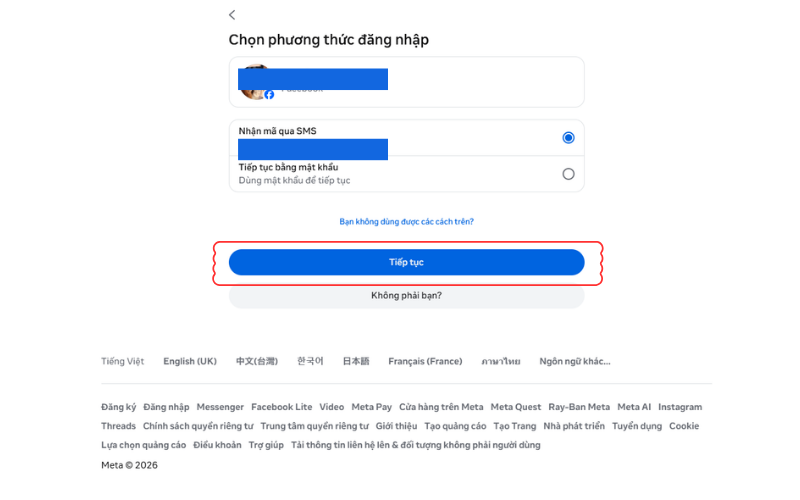 Chọn phương thức nhận mã mà Facebook hiển thị