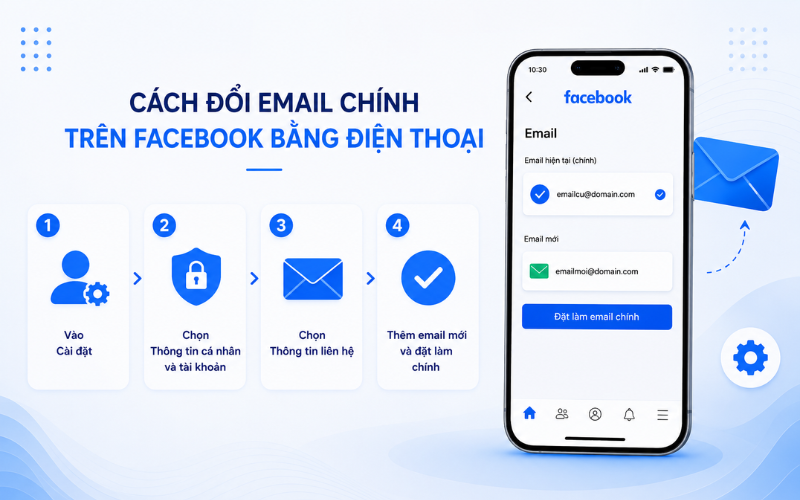 Người dùng có thể đổi email Facebook trực tiếp trên ứng dụng bằng cách thêm email mới, xác nhận quyền sở hữu email rồi gỡ địa chỉ cũ khỏi tài khoản