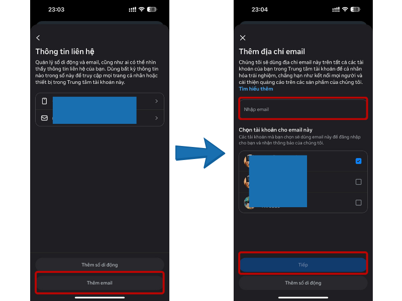 Chọn Thêm email => Điền Email, tích vào ô vuông để chọn tài khoản cho email này => Tiếp&nbsp;