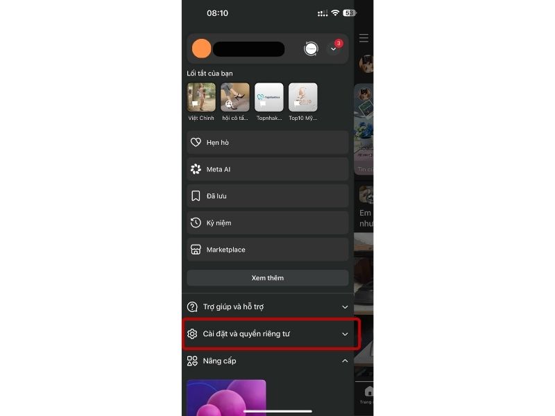 Mở ứng dụng Facebook => Mở Menu, sau đó truy cập Cài đặt hoặc Cài đặt & quyền riêng tư