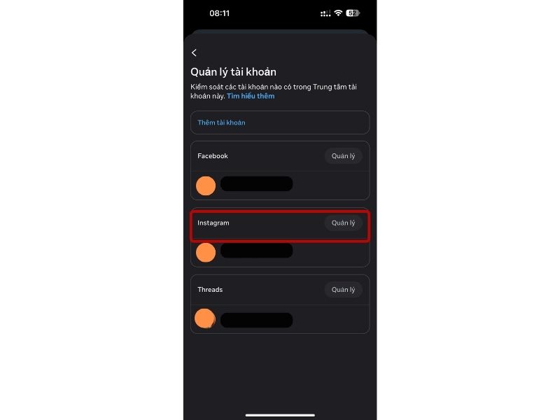 Chọn tài khoản Instargram muốn gỡ