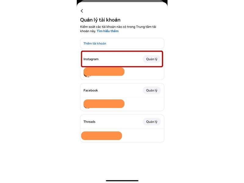 Chọn Quản lý ở tài khoản Instagram