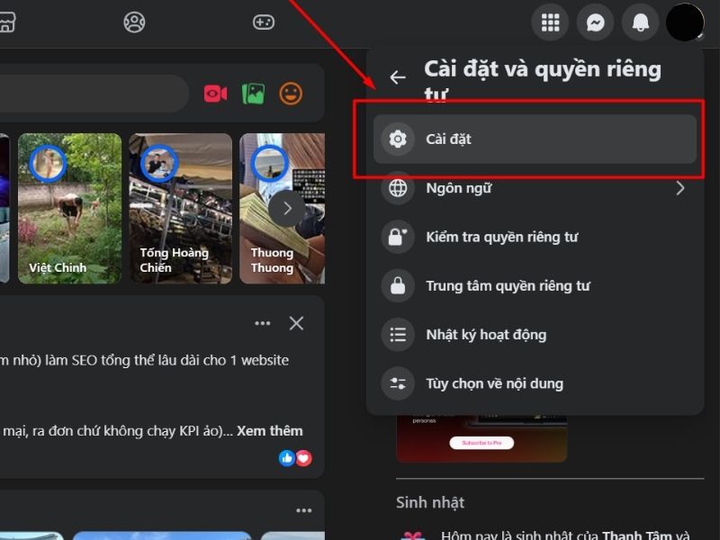 Chọn cài đặt