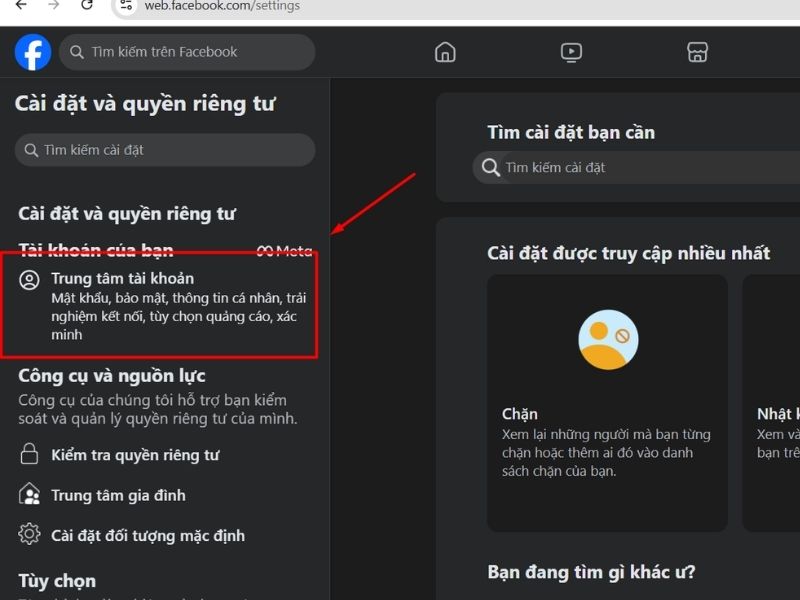 Truy cập Trung tâm tài khoản