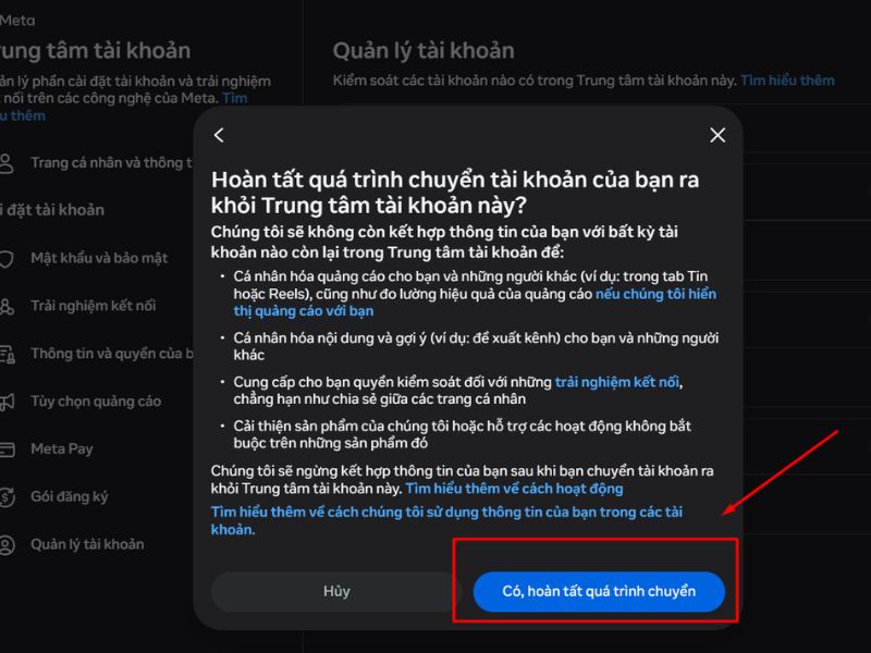 Chọn Có, hoàn tất quá tình chuyển