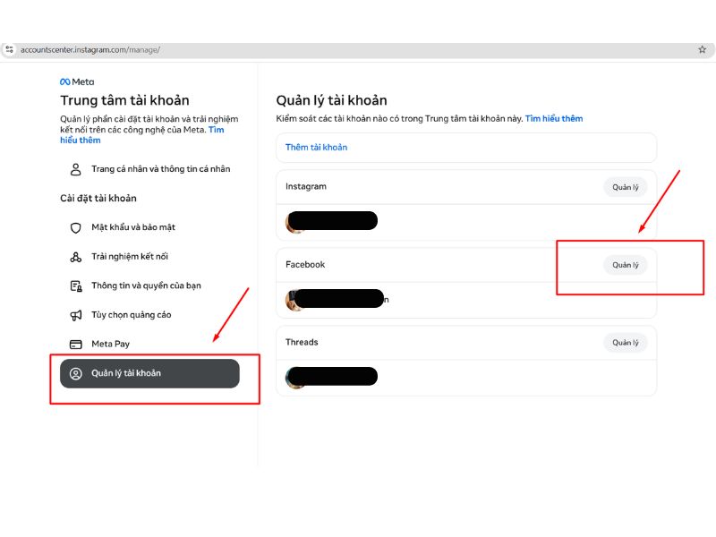 Chọn Quản lý tài khoản => Quản lý (mục Facebook)