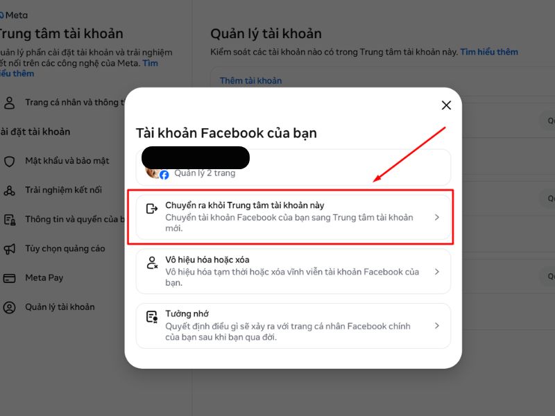 Chọn Chuyển ra khỏi trung tâm tài khoản này