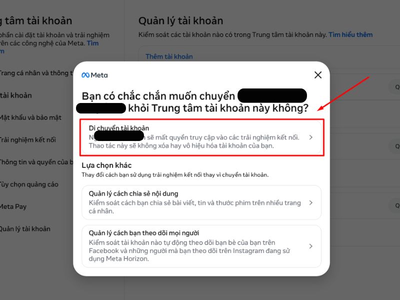 Chọn Di chuyển tài khoản