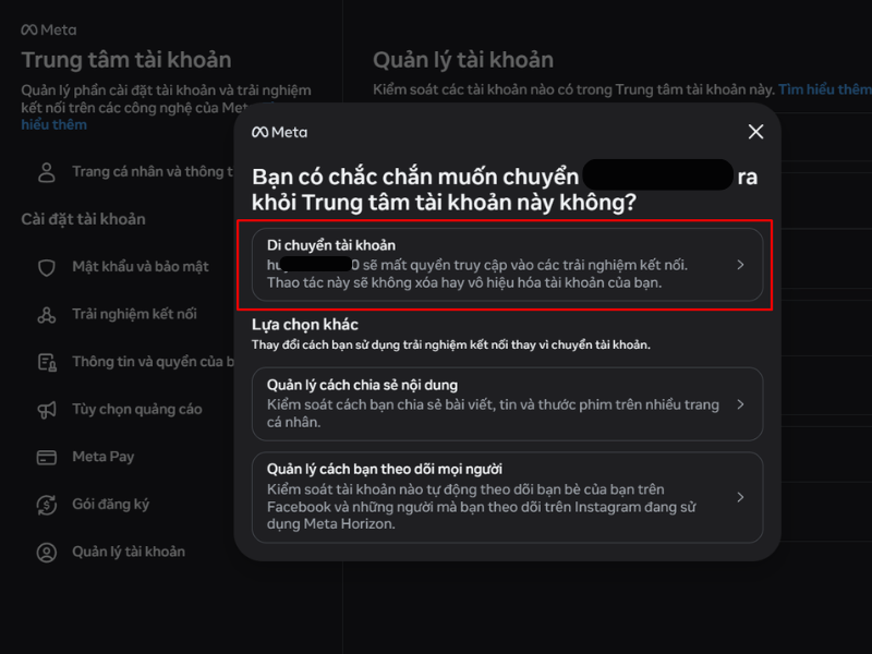 Chọn Di chuyển tài khoản