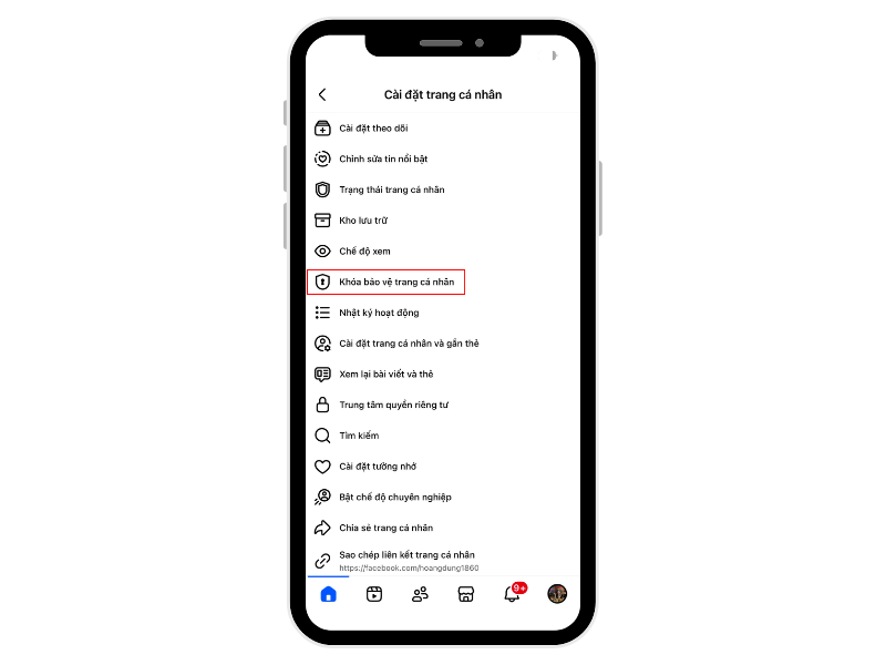 Bước 4: Chọn mục Khóa bảo vệ trang cá nhân