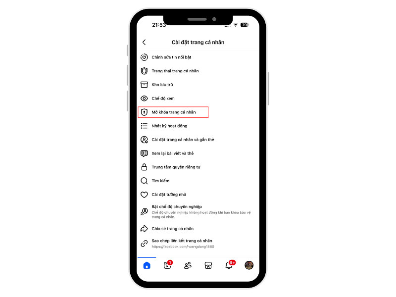 Tìm và chọn mục Mở khóa trang cá nhân