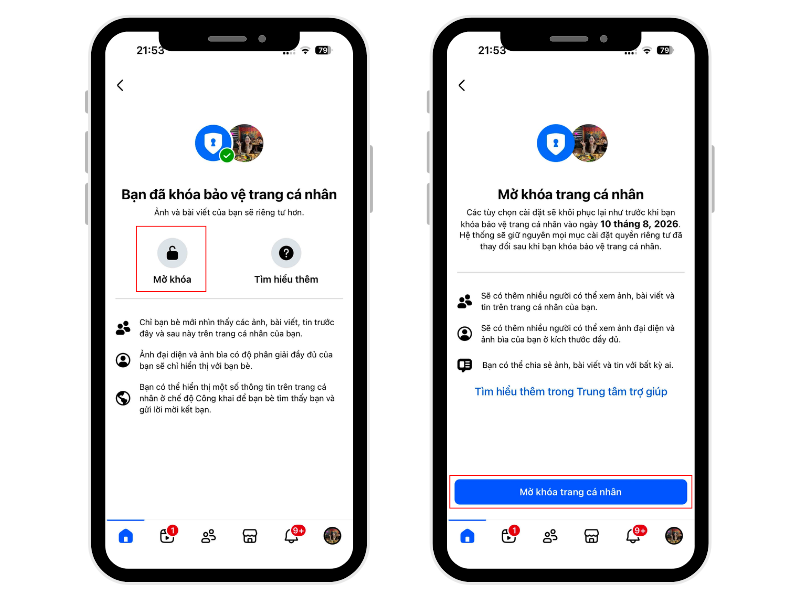 Bước 4: Nhấn vào biểu tượng mở khóa (Unlock) và chọn tiếp nút Mở khóa trang cá nhân