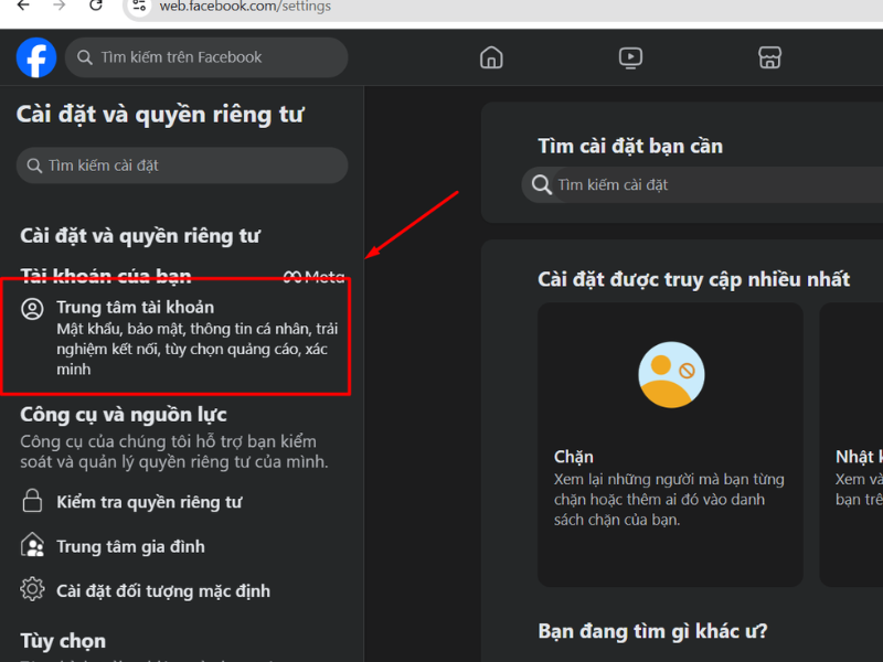 Chọn Trung tâm tài khoản&nbsp;
