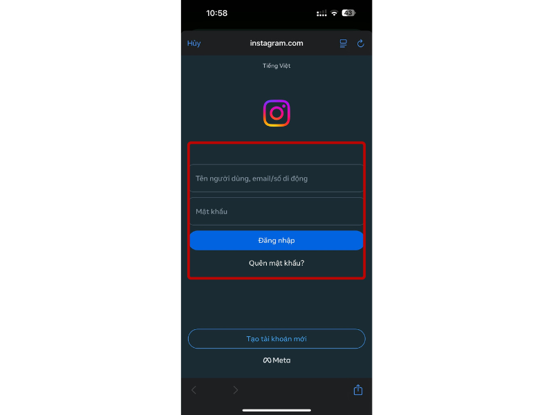 Đăng nhập tài khoản Instagram muốn liên kết