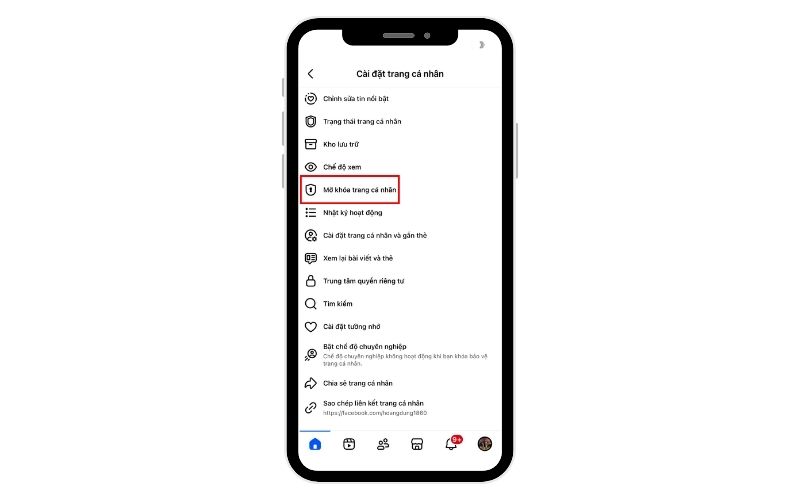 Bước 4: Chọn mục Mở khóa trang cá nhân
