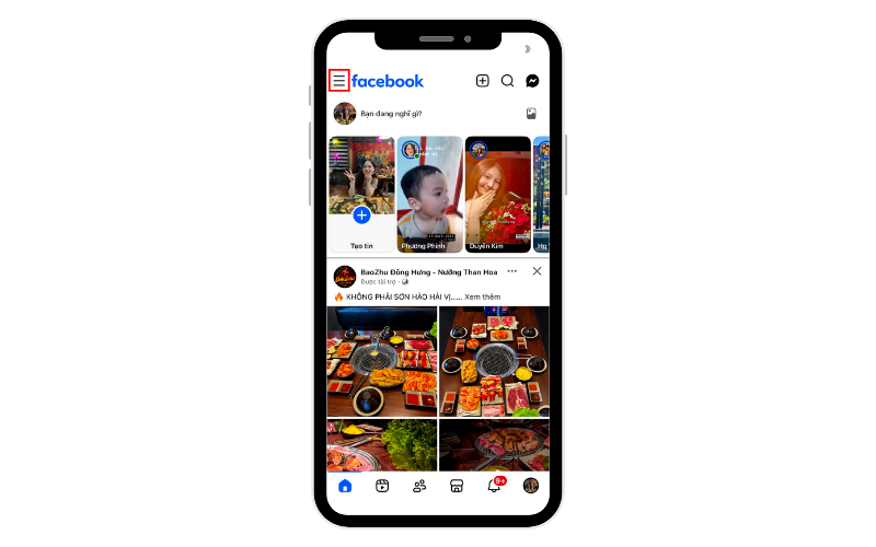Bước 1: Mở ứng dụng Facebook, nhấp vào biểu tượng Menu 