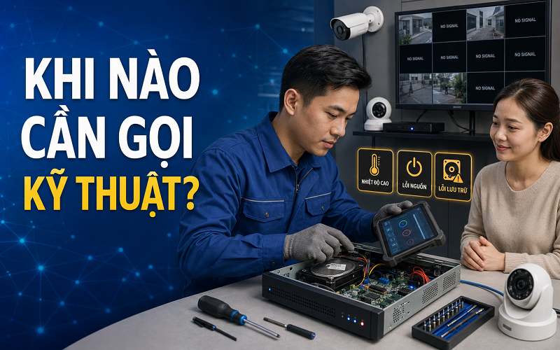 Cần liên hệ kỹ thuật khi đầu ghi quá nhiệt, lỗi nguồn, mất bản ghi hoặc tiếp tục phát cảnh báo sau khi đã kiểm tra cơ bản