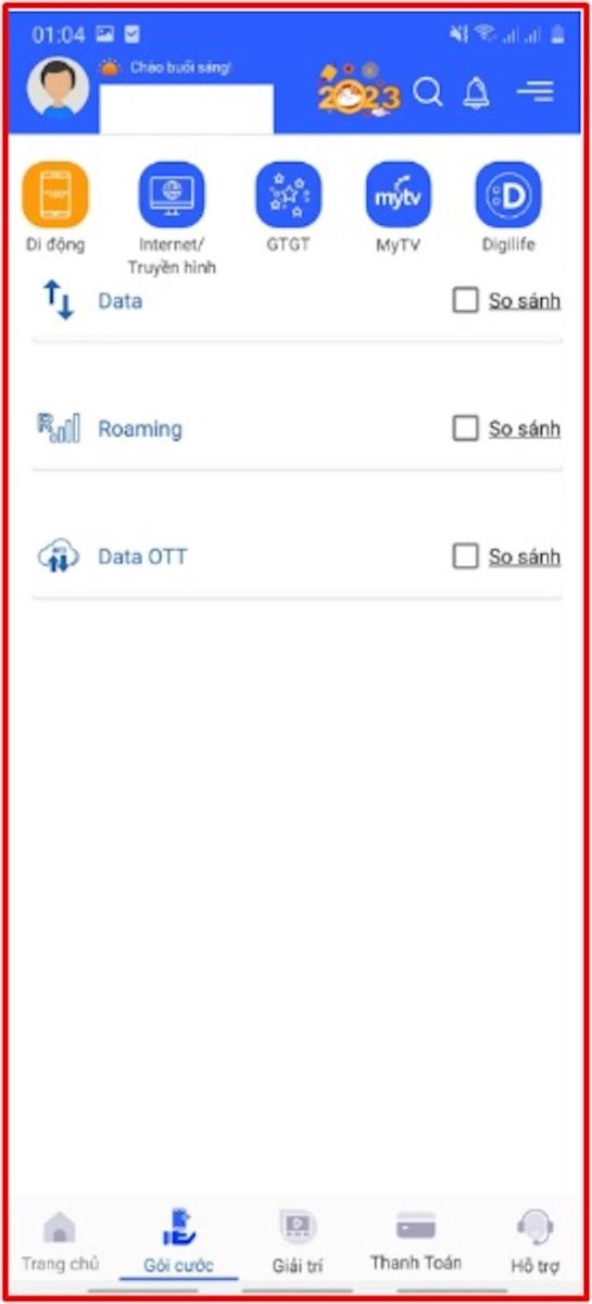 Chọn “Data” để tìm gói cước cần đăng ký