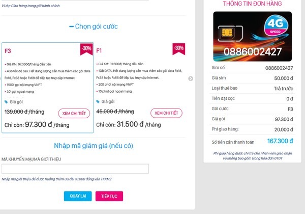 Chọn gói cước kèm sim và ấn tiếp tục