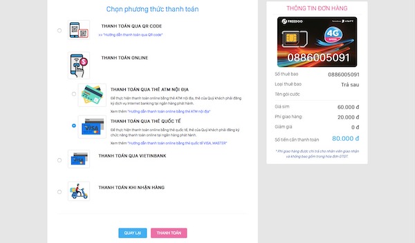 Chọn phương thức thanh toán mua sim online