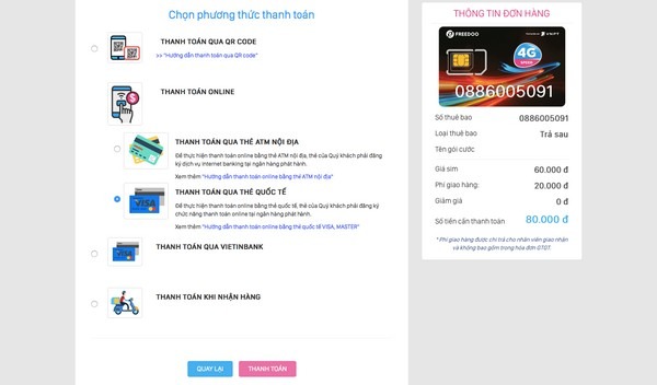 Chọn phương thức thanh toán khi mua sim điện thoại online