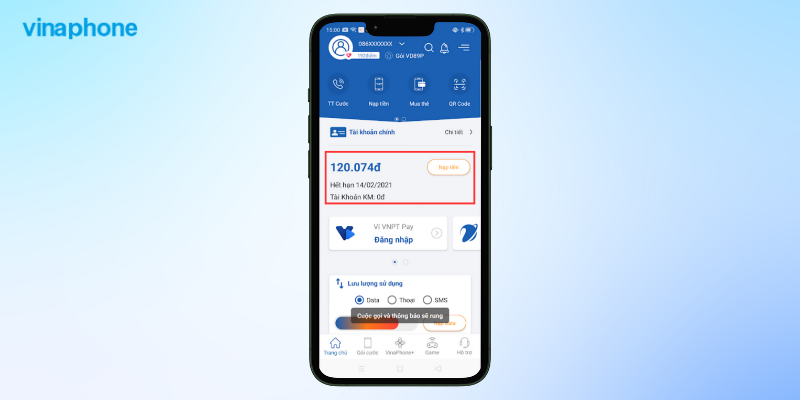 Thuê bao VinaPhone cần có đủ tiền trong tài khoản để chuyển đối gói cước 