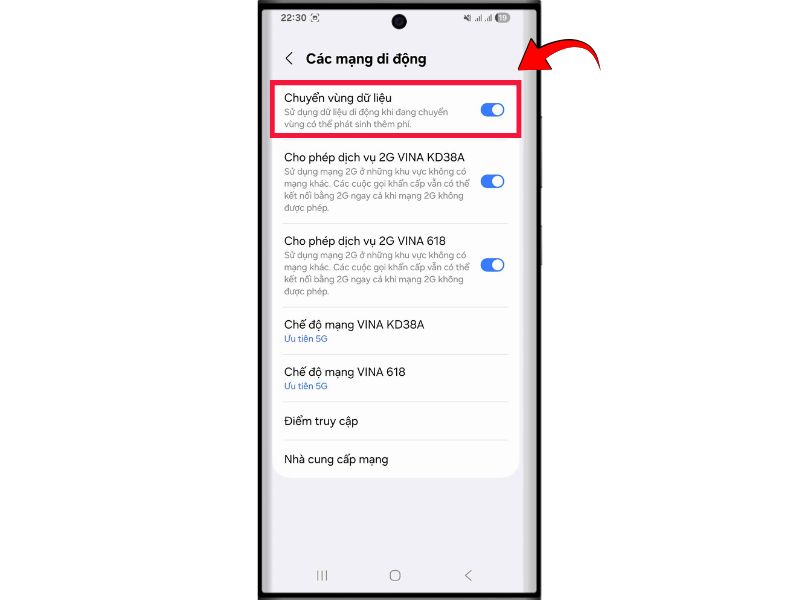 Bật chuyển vùng dữ liệu