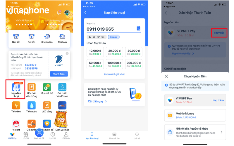 Nạp thẻ VinaPhone qua app My VNPT