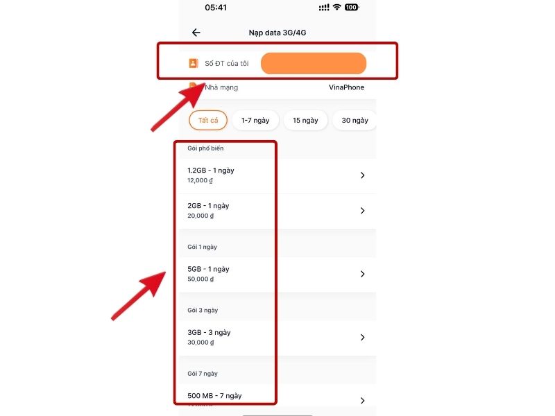 Nhập số điện thoại cần nạp => Chọn gói đang được hệ thống cung cấp