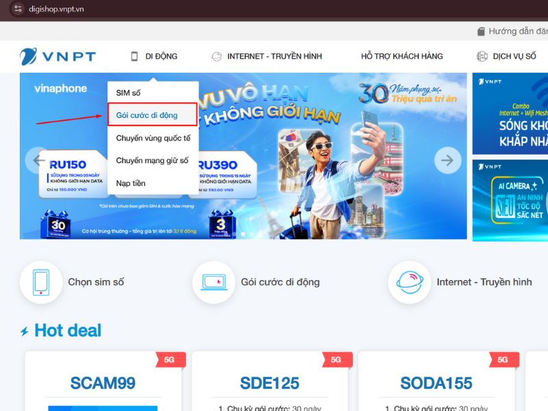 Bước 1: Truy cập DigiShop và mở danh mục gói cước di động