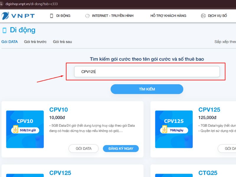 Bước 2: Chọn gói phù hợp với nhu cầu của thuê bao nhận.