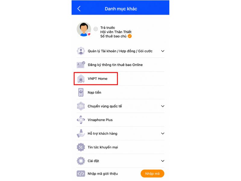 Mở menu và chọn VNPT Home