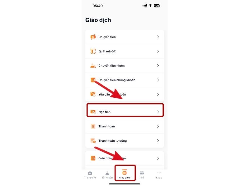 Mở MyVIB => Vào Giao dịch&nbsp;