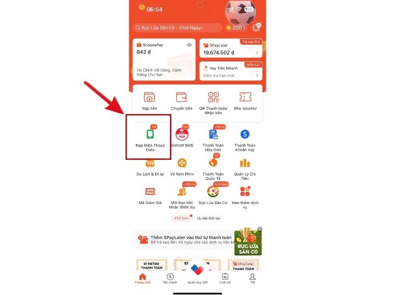 Mở ứng dụng Shopee => Chọn Nạp Điện Thoại/Data