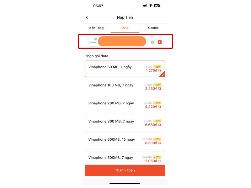 Chọn Nạp Data 3G/4G => Nhập số điện thoại cần nhận data => Chọn gói phù hợp