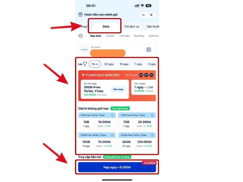 Nhập số điện thoại cần nạp => Chọn VinaPhone hoặc mạng tương ứng&nbsp; và gói data phù hợp => Nạp ngay