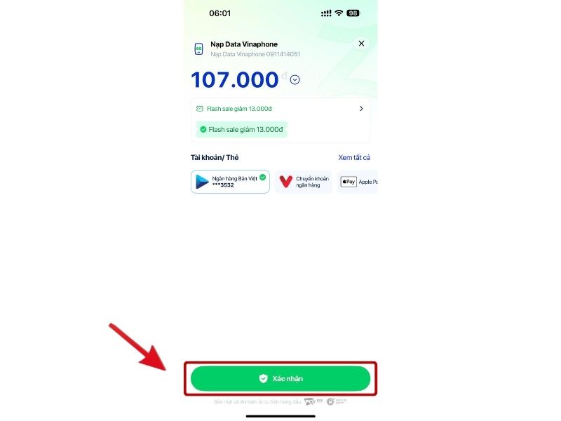 Chọn Xác nhận để thanh toán