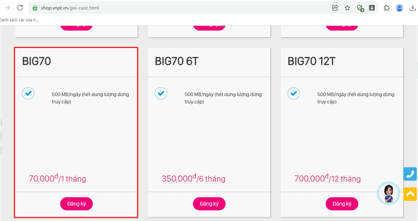 Nhấn nút “Đăng ký” ở gói BIG 4G muốn sử dụng